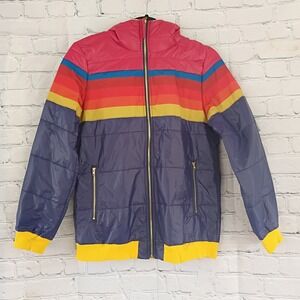 Rainbow Stripe Hooded Puffer Jacket Retro Sherpa Lined Navy Red XS